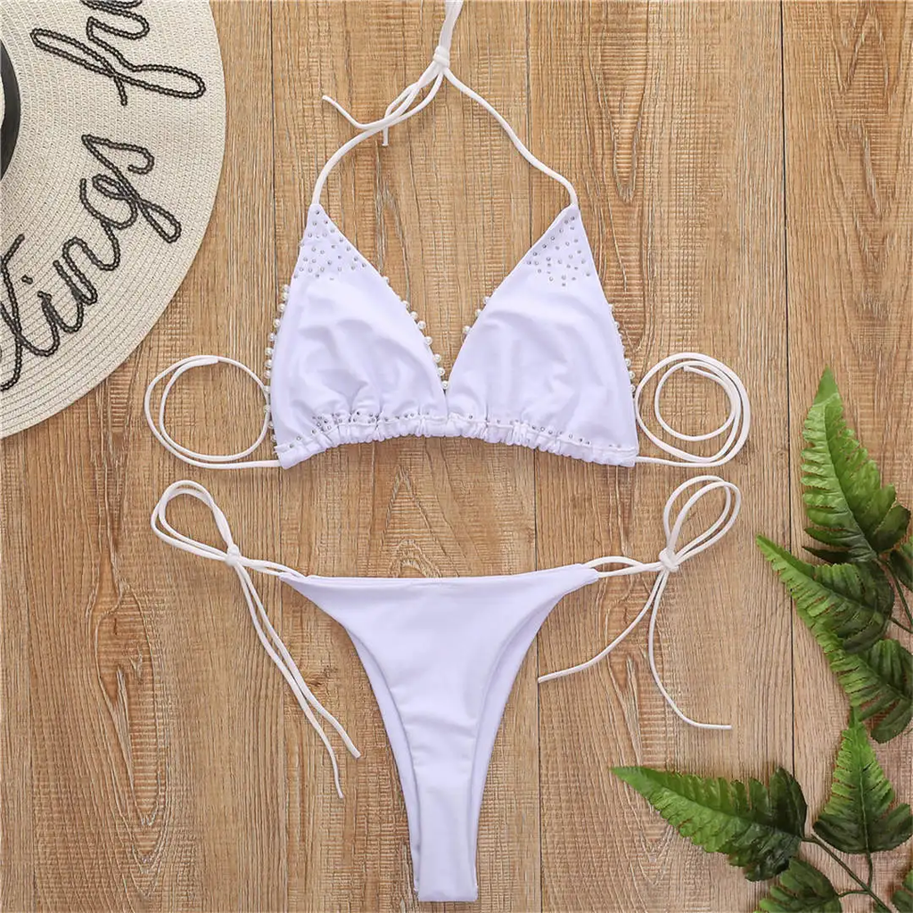 Drape Me In Pearls | Halter Bikini Set Pearly White