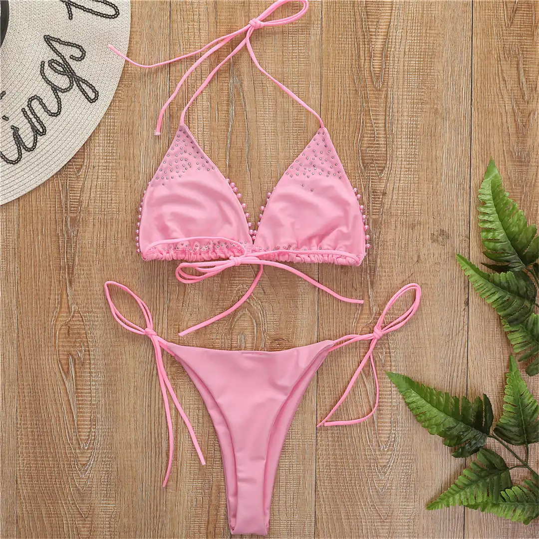 Drape Me In Pearls | Halter Bikini Set Rose pink