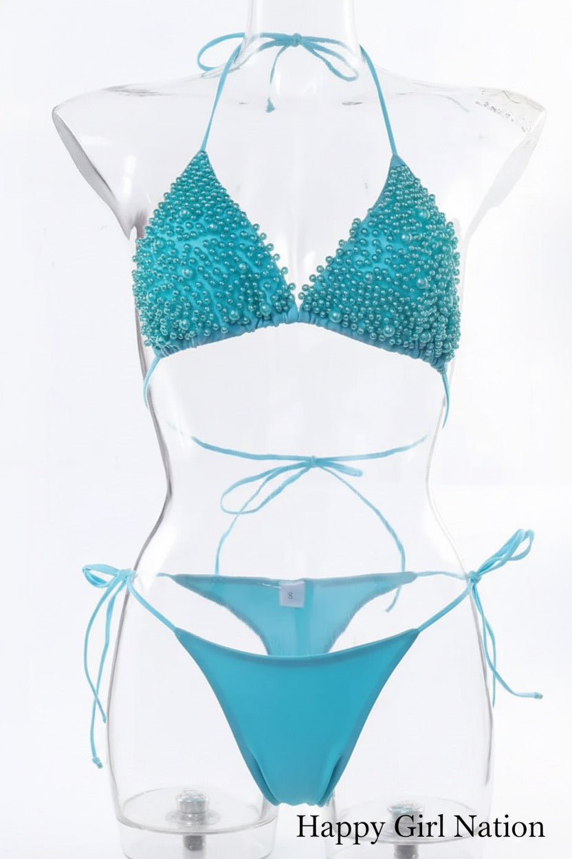 Drape Me In Pearls | Halter Bikini Set Teal Blue