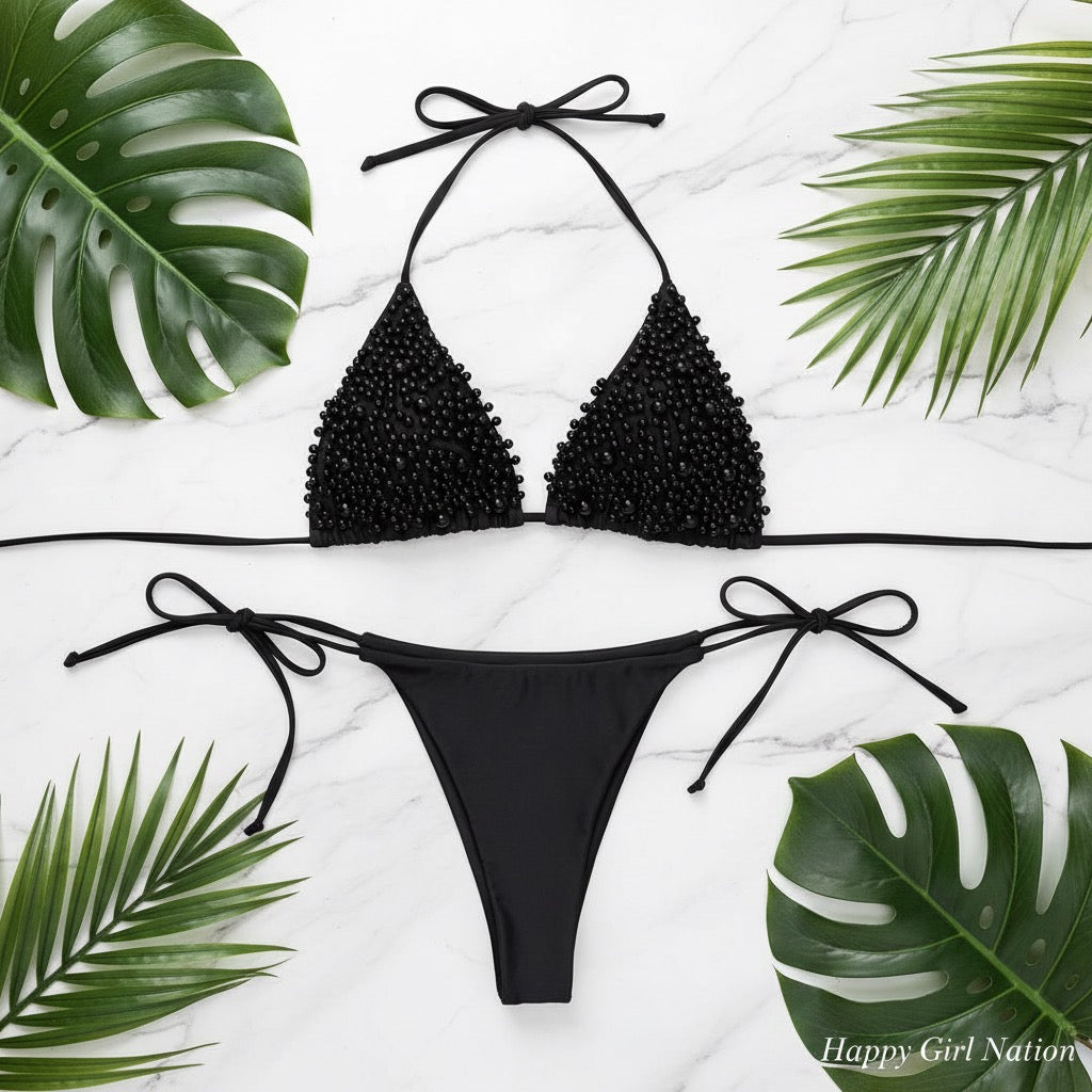 Drape Me In Pearls | Halter Bikini Set in Pearl Black