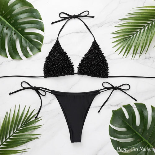 Drape Me In Pearls | Halter Bikini Set in Pearl Black